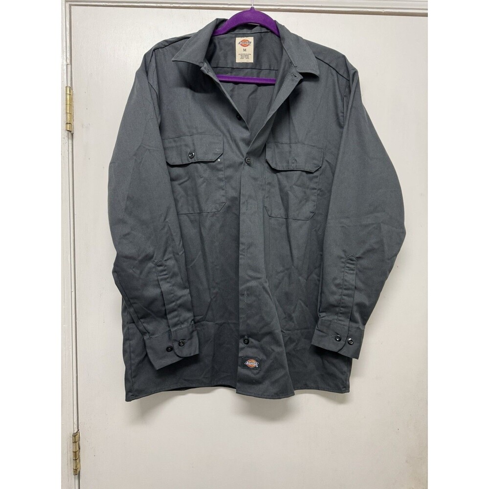 Dickies Work Shirt Dark Gray Polyester Blend Long Sleeves Flap Pockets M